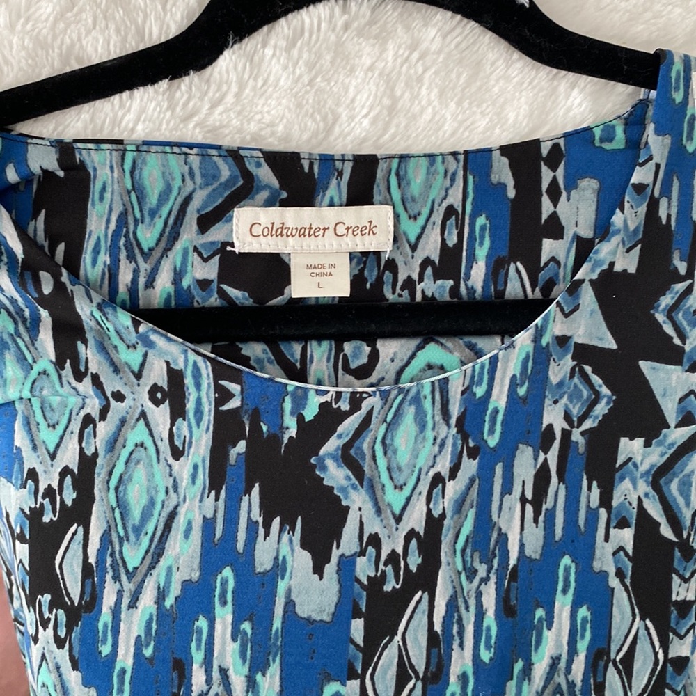 Cold water Creek tunic top mblue black gray seafoam green print front opening - Picture 4 of 9